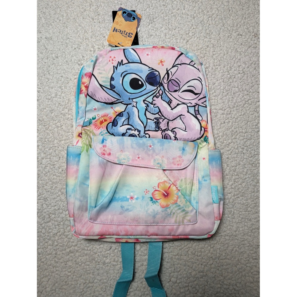 Disney Kids Backpack Stitch & Angel Tropical Hibiscus Tie Dye Blue Pink One Size